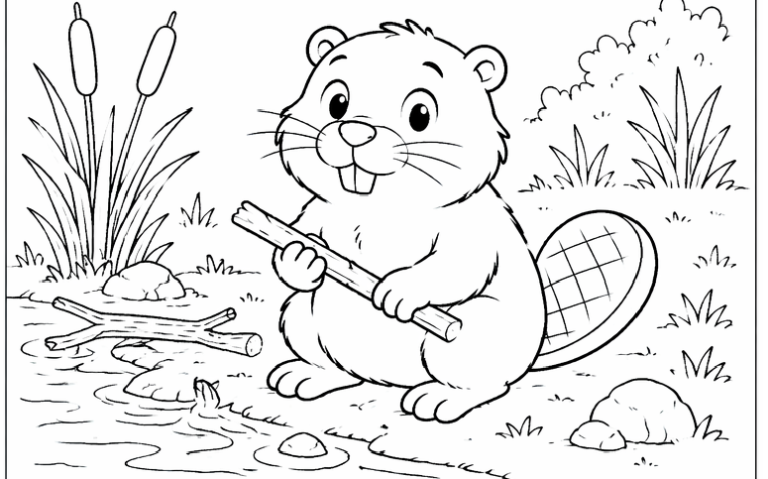 Biber Bodo Biber Bodo mit flachem Schwanz und Zweig am Wasser vor seinem Damm
